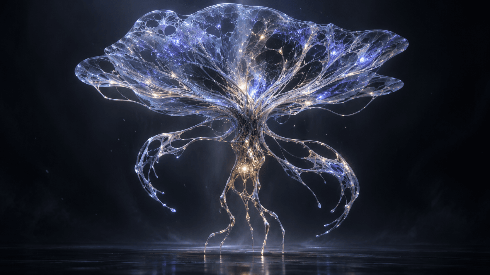 A luminous translucent organism whose broad crown, fragile center and reaching lower structures symbolize uneven AI capability.