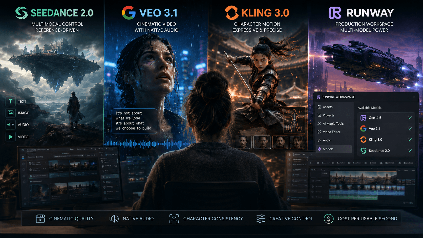 Editorial comparison of Seedance 2.0, Veo 3.1, Kling 3.0 and Runway Gen-4.5 across cinematic quality, native audio, character consistency, creative control and production workflow.
