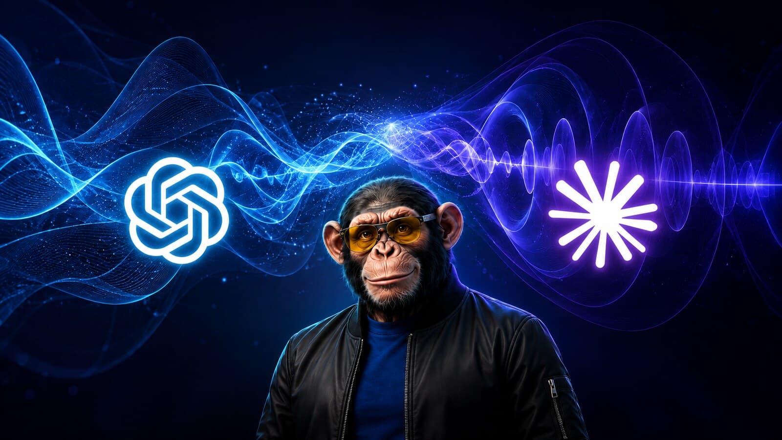 Choosely Chimp stands between a fluid blue ChatGPT voice field and a layered violet Claude voice field, with both product symbols visible.