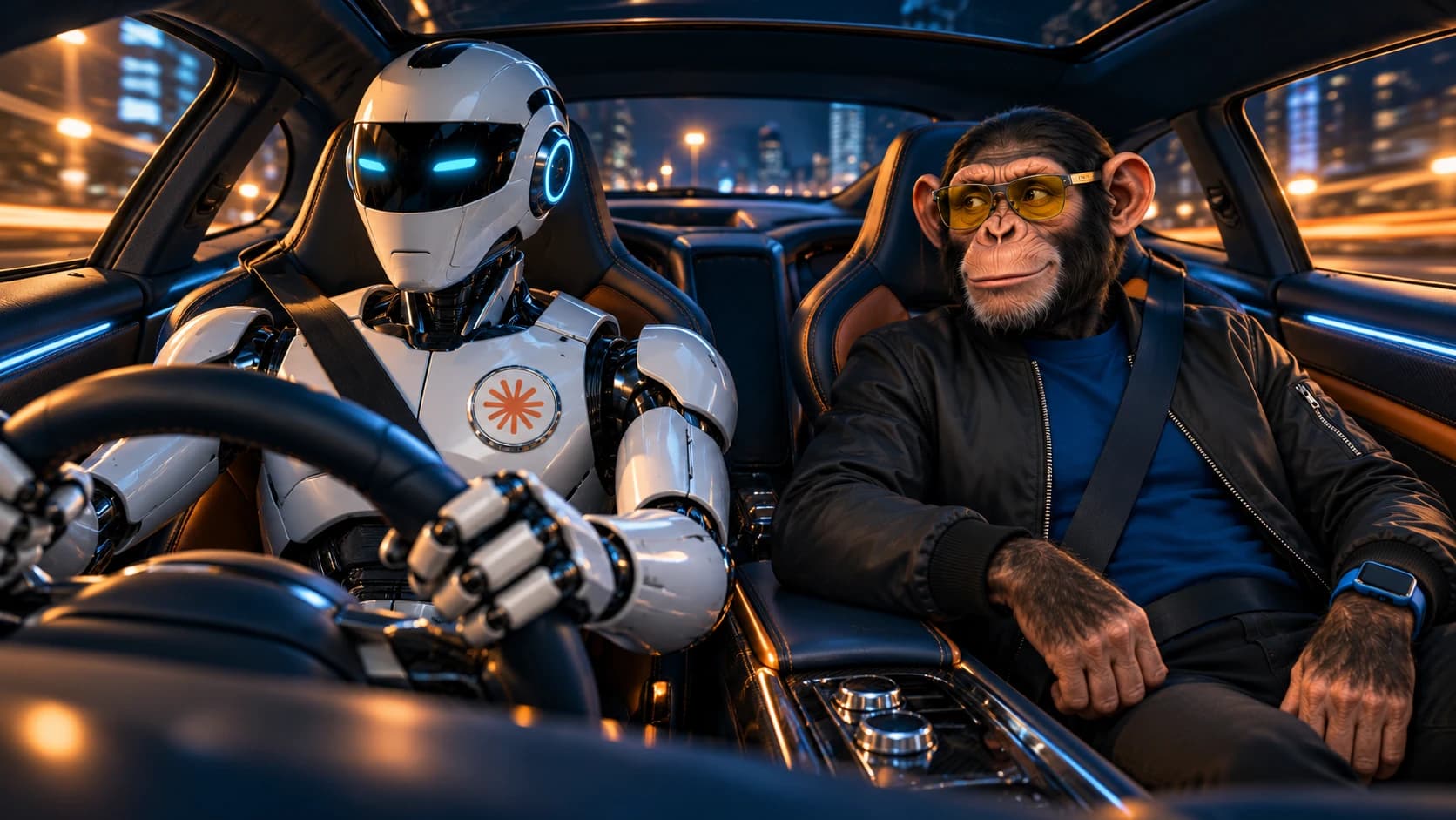 AI-generated editorial illustration of a silver robot wearing a Claude badge driving a luxury sports car while Choosely Chimp rides in the passenger seat. A metaphor for delegated control, not Claude driving software or a real test.