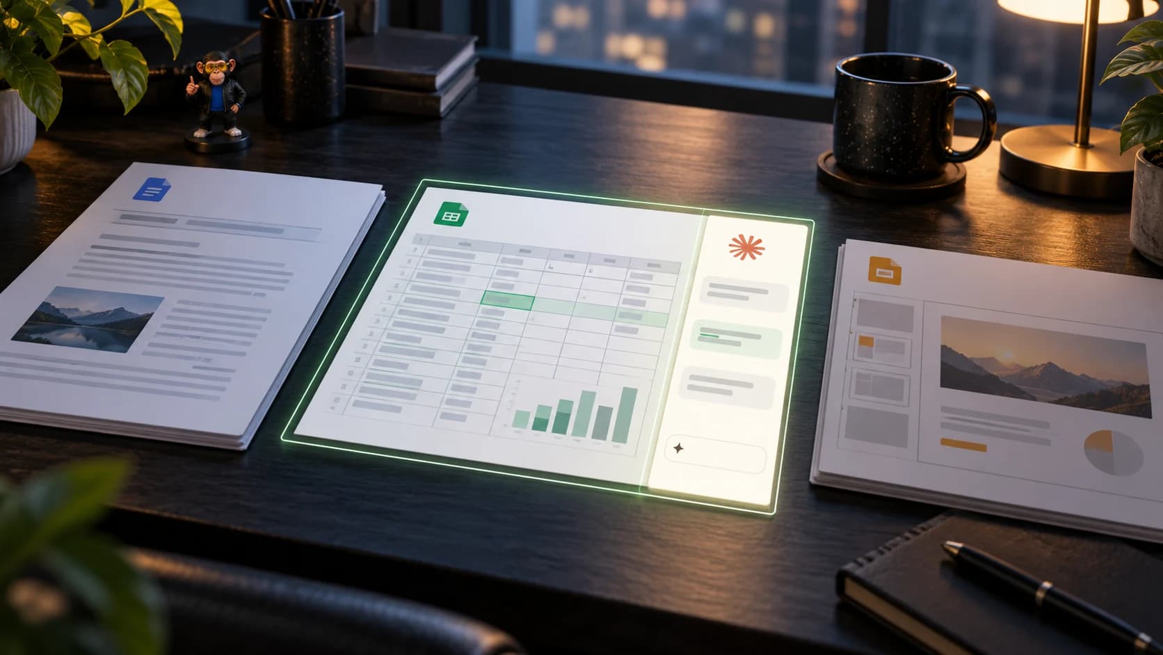 Editorial illustration of a document, an active spreadsheet with an assistant strip, and a presentation deck arranged on a dark desk.
