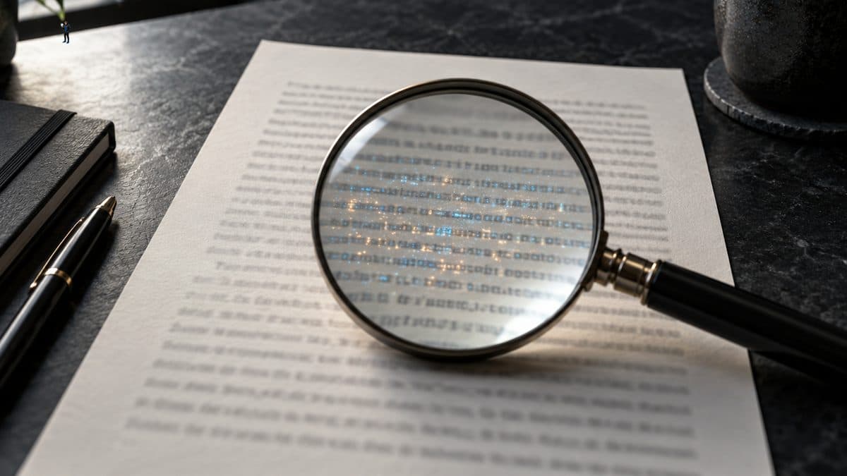 An ordinary printed page examined through a precision lens, where a subtle blue and amber statistical grain appears inside otherwise normal text, illustrating OpenAI's invisible textGrain watermark.
