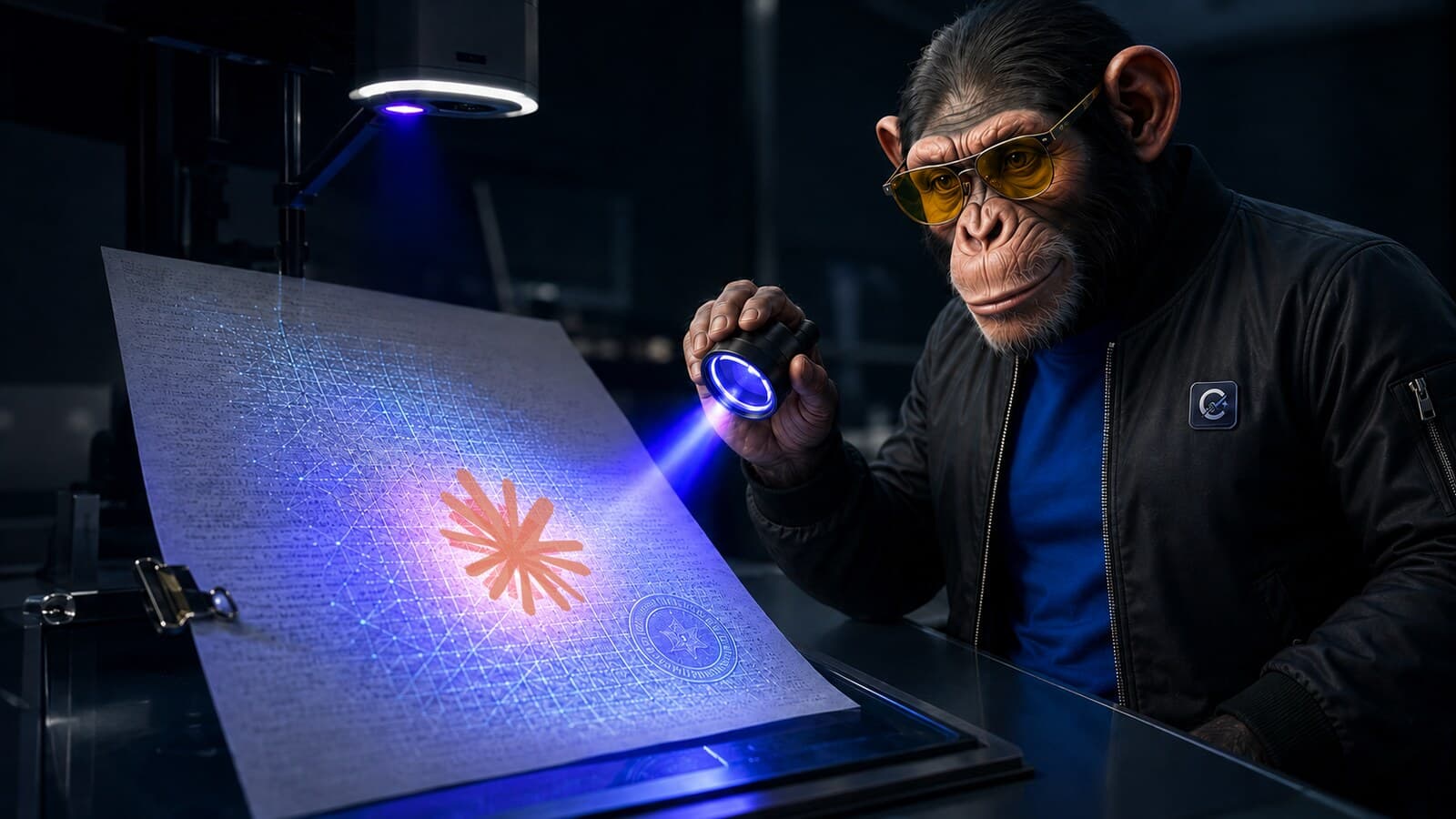 Choosely Chimp investigates a Claude document under ultraviolet light, revealing an invisible woven watermark and provenance seal.