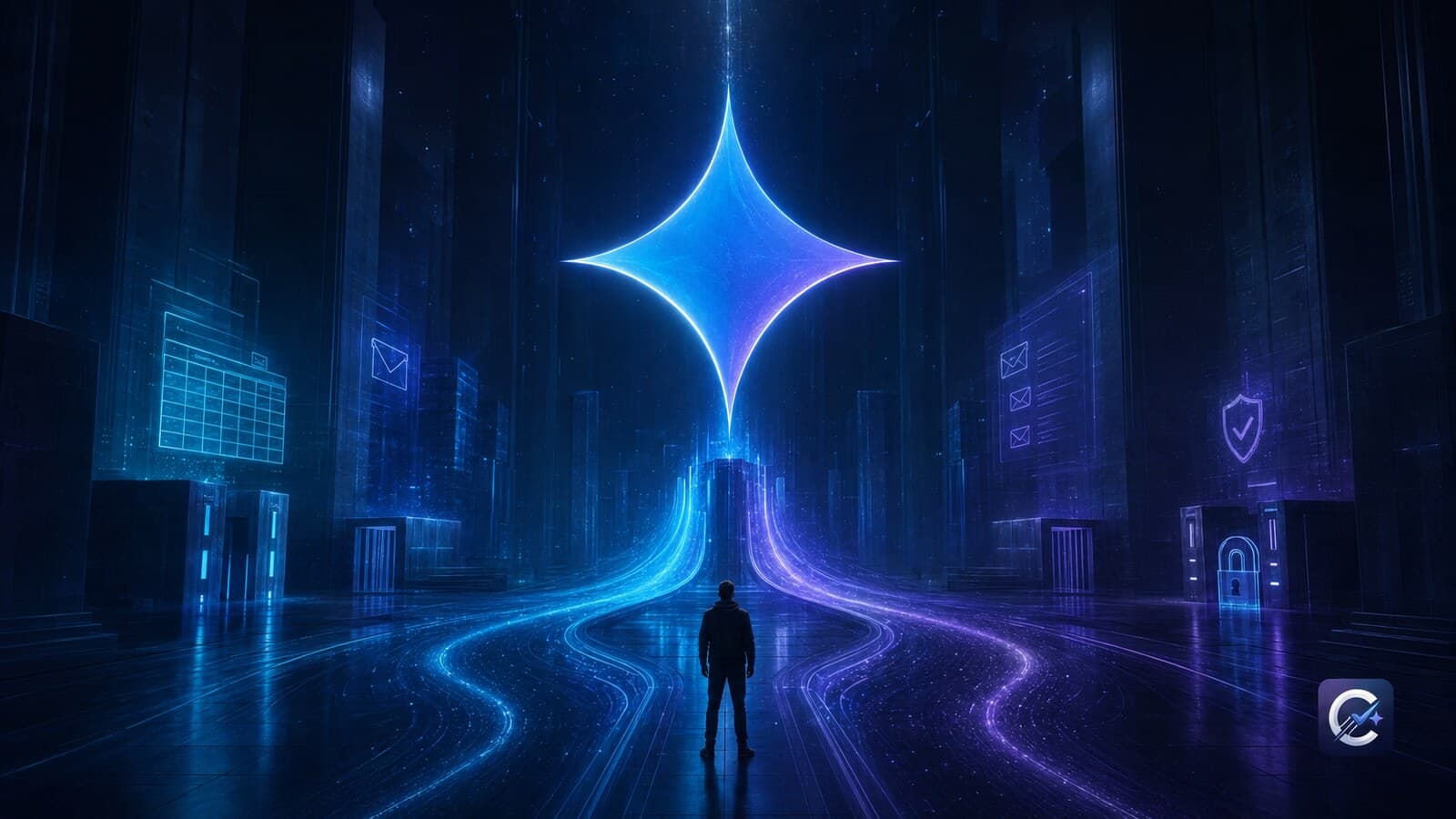 A monumental Gemini symbol above two luminous model-routing paths in a dark Choosely technology chamber