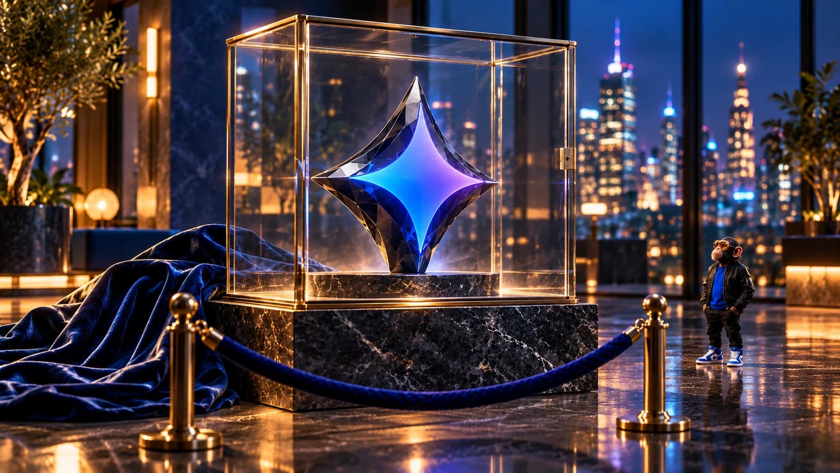AI-generated editorial illustration of a faceted Gemini star inside a closed glass display behind a blue velvet rope, with Choosely Chimp observing in a warmly lit evening gallery. A metaphor for restricted access, not Google hardware or premises.