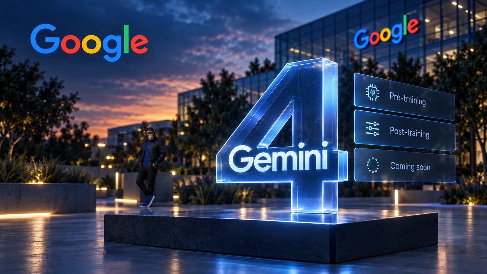 Premium editorial scene featuring Gemini 4 outside a Google building at dusk, with a subtle Choosely Chimp cameo.