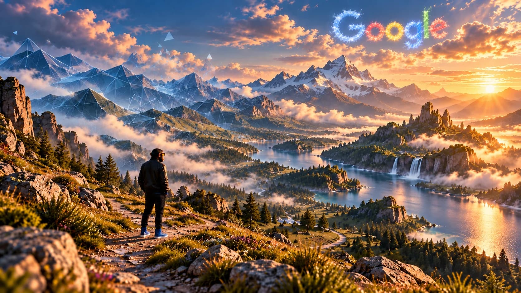 AI-generated conceptual artwork of a cinematic mountain valley transitioning from geometric wireframes into natural scenery, with Choosely Chimp on a path and a Google wordmark in the sky. Not a Genie 4 screenshot or tested output.