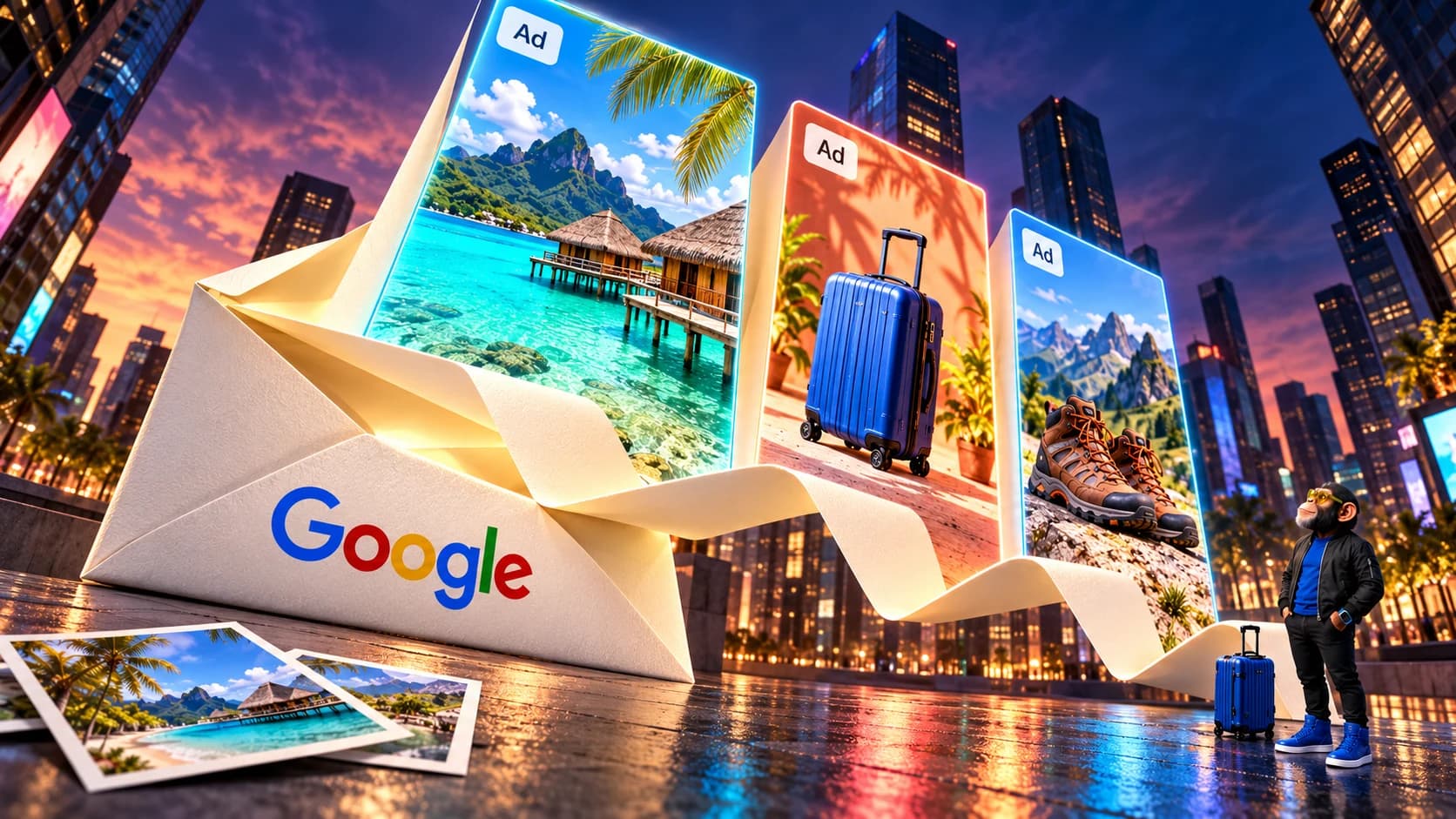 AI-generated editorial illustration of a Google-branded envelope unfolding into towering travel-ad billboards, with vacation photos and Choosely Chimp beside a suitcase. A conceptual metaphor, not a Google interface or an observed ad.