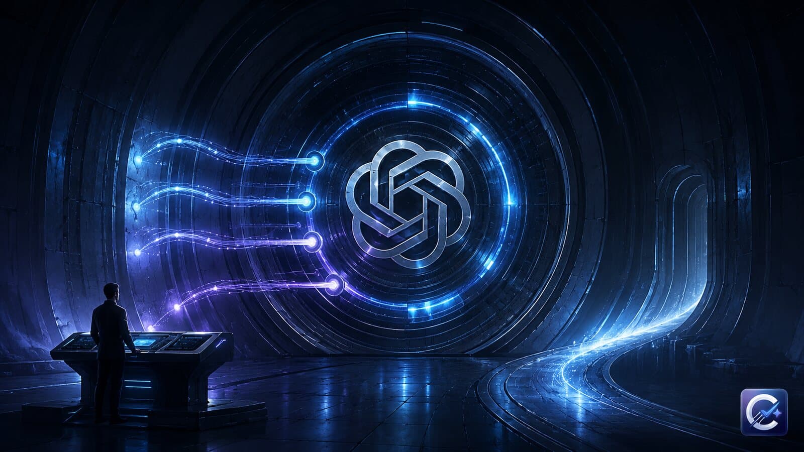 A human operator faces a monumental ChatGPT reasoning dial fed by four luminous paths inside a dark blue Choosely chamber.