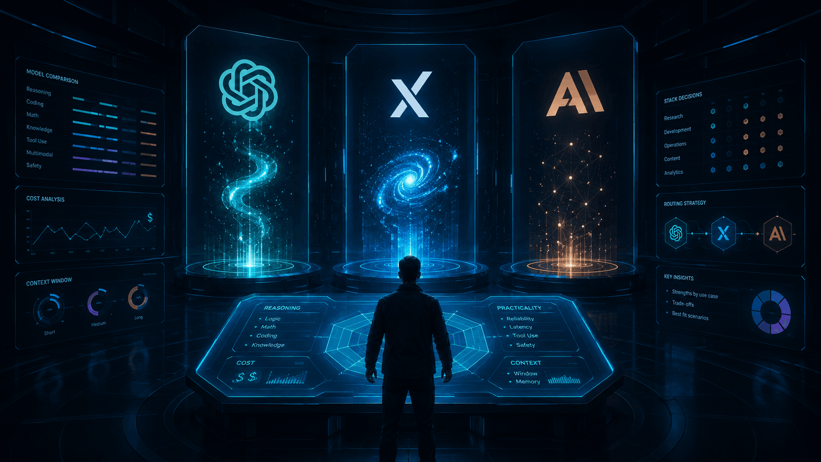 Editorial illustration comparing ChatGPT, Grok and Claude models inside a futuristic AI decision room