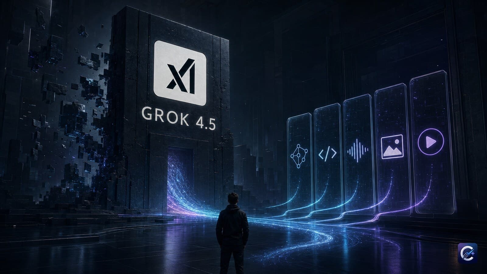 Cinematic Choosely illustration of a Grok 4.5 xAI monument reshaping reasoning, code, voice, image and video workflows