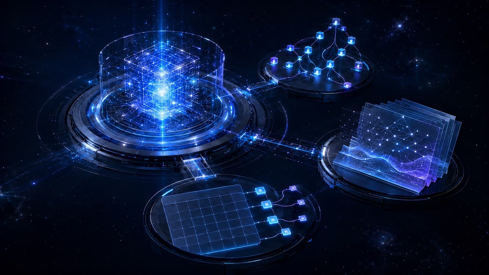 Editorial illustration of frontier AI models and agent workflows in a futuristic decision room