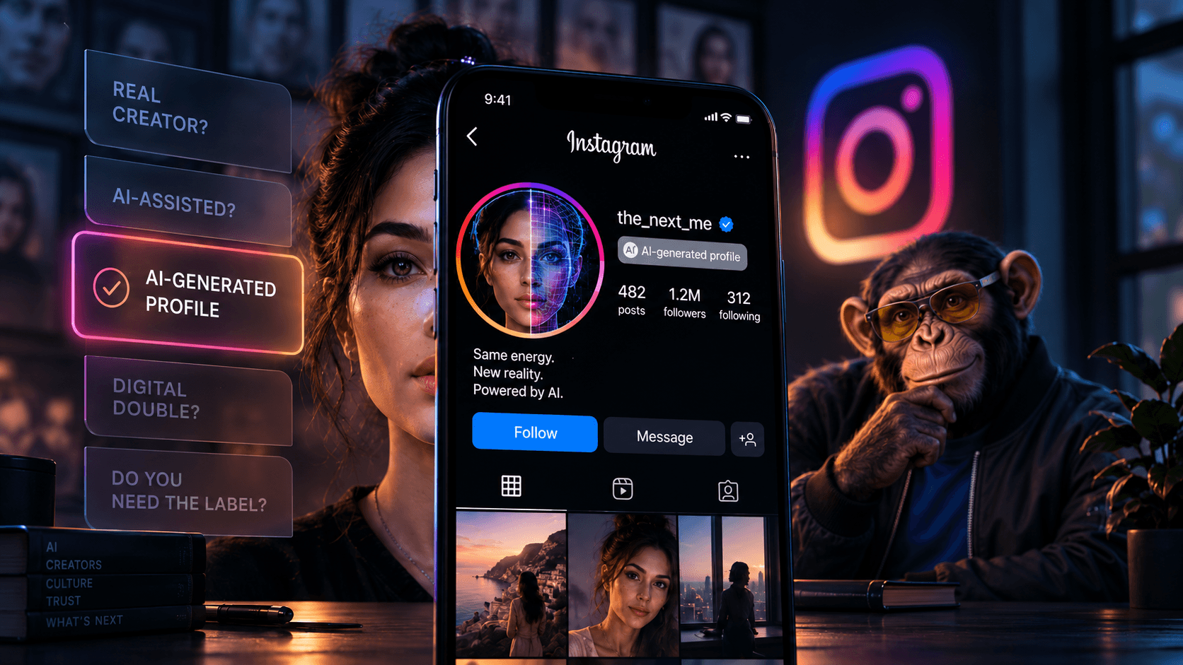 Instagram AI-generated profile label explainer showing a synthetic profile, Instagram interface and Choosely Chimp