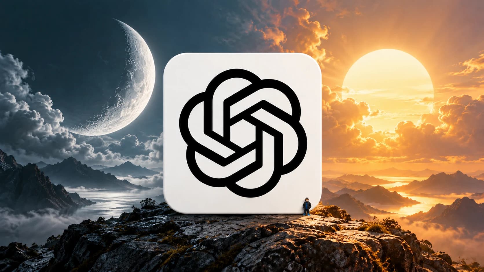 The ChatGPT logo between a silver crescent moon and a warm golden sun, representing GPT-6 Luna and Sol, with a small Choosely Chimp cameo.