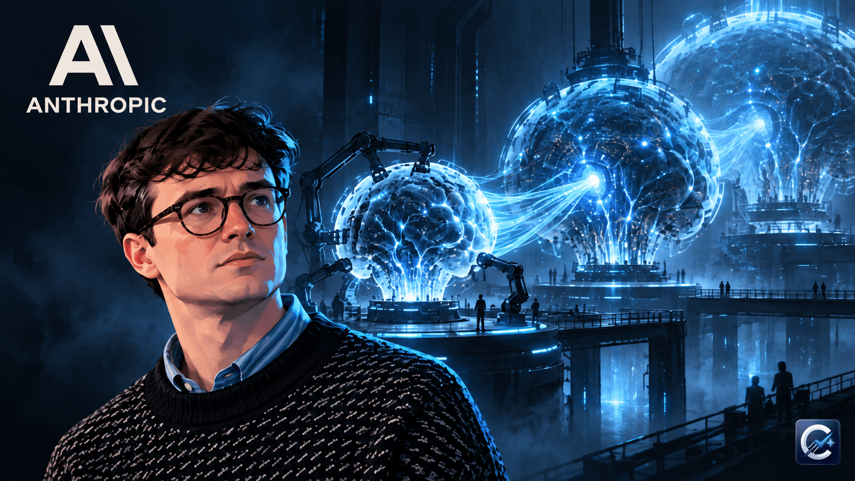 Stylized Jacob Coxon beside the Anthropic logo as increasingly large AI systems appear to build their successors in a blue-lit research facility.