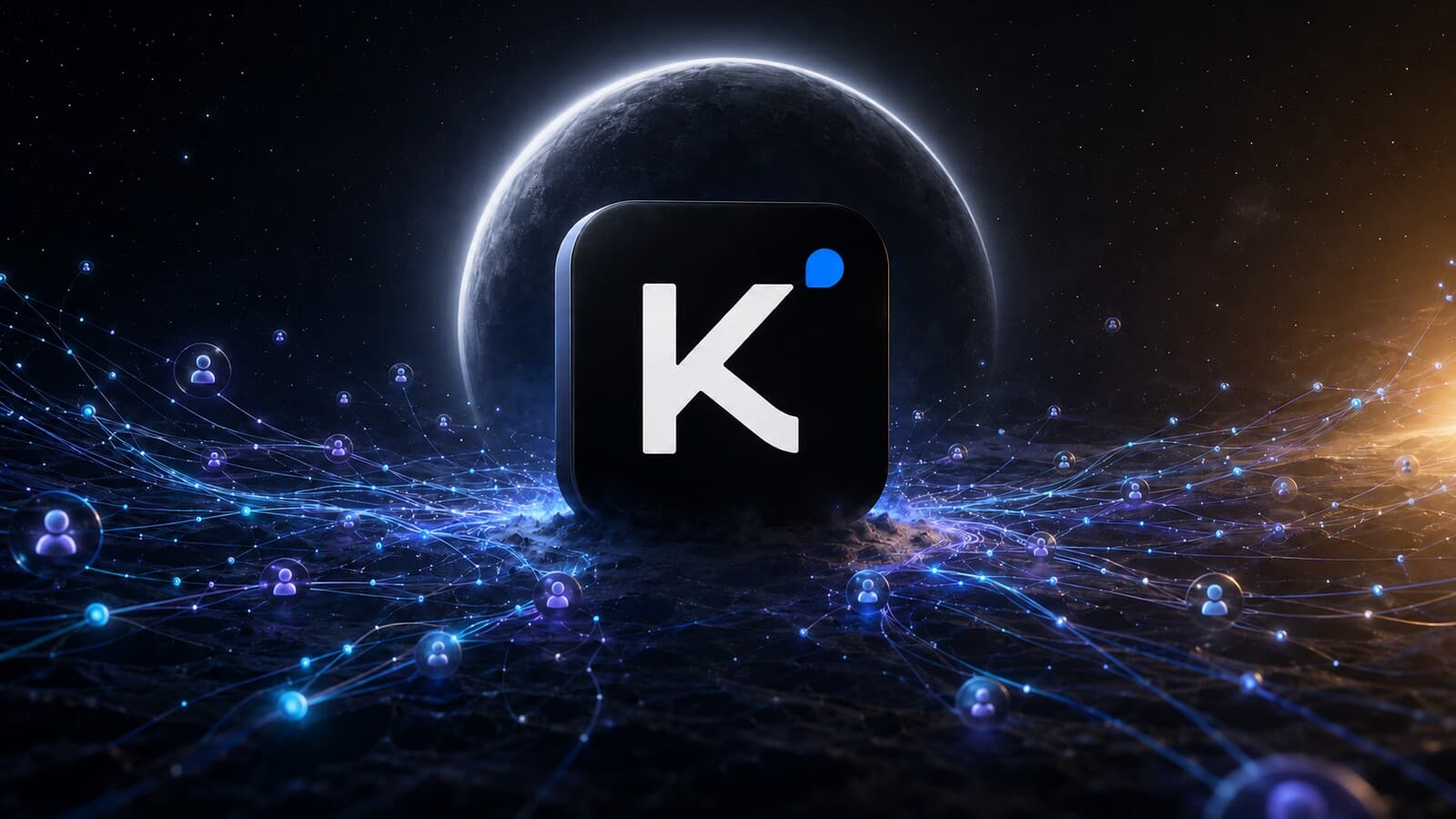 Kimi K3 app icon surrounded by an illuminated global network beneath a dark planet