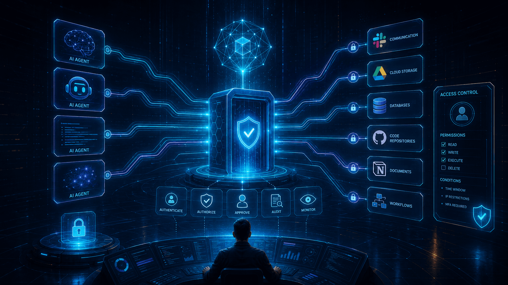 Editorial illustration showing AI agents connecting securely to tools, databases, files and workflows through MCP