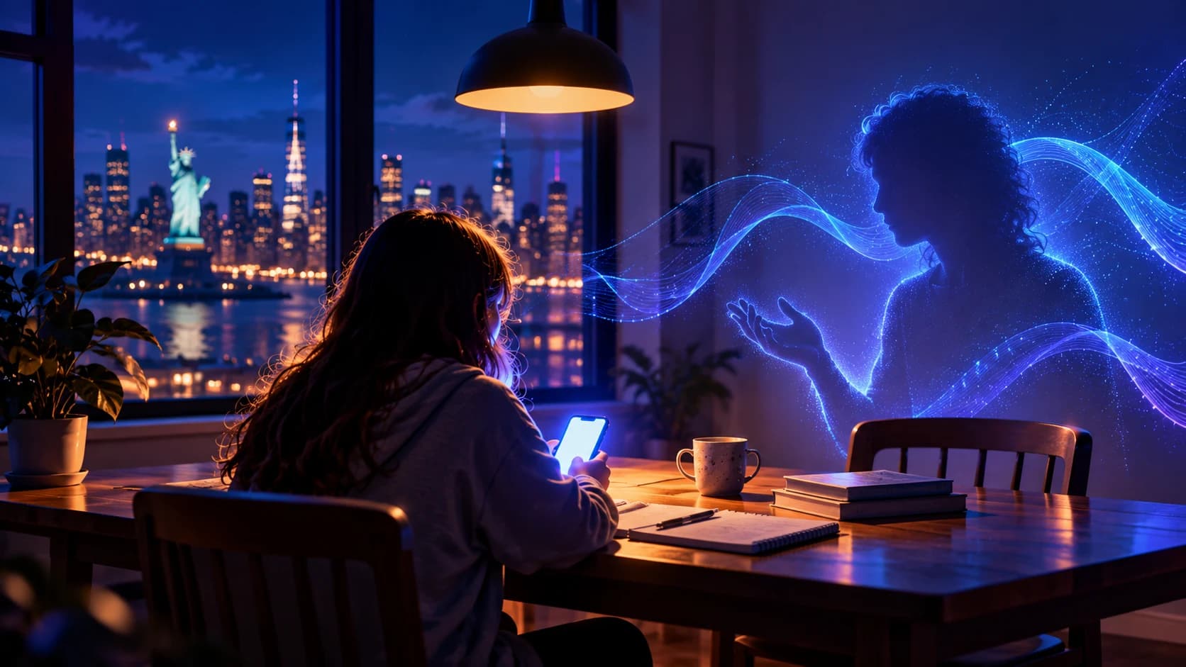 AI-generated editorial illustration of a young person using a phone in a New York apartment, with the Statue of Liberty outside and a luminous, human-like AI companion across the table. A conceptual scene, not a real chatbot interface or event.