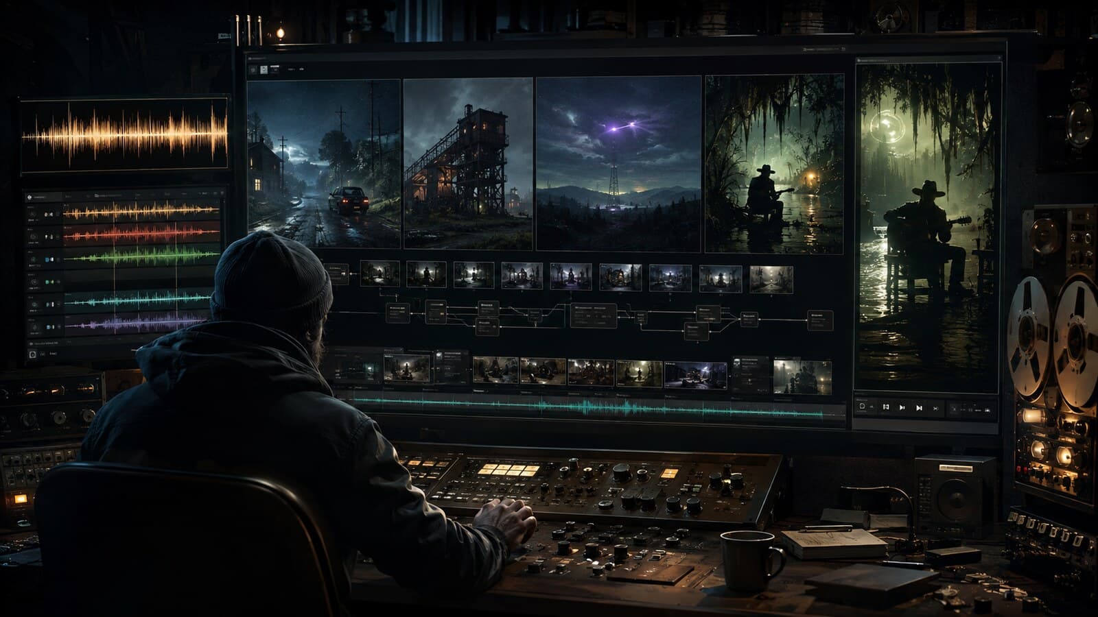 An anonymous music creator directs a multi-stage AI workflow across audio stems, Appalachian night scenes, an alien signal tower, and swamp-lit music video clips.