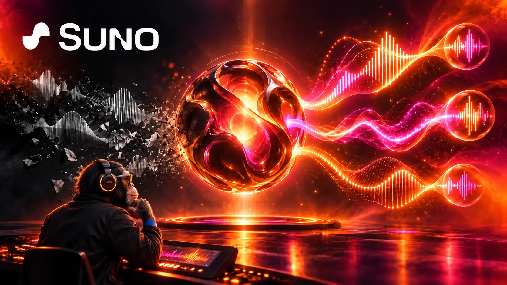 Choosely Chimp at a music console beside a glowing Suno v6 audio core and colorful sound waveforms.