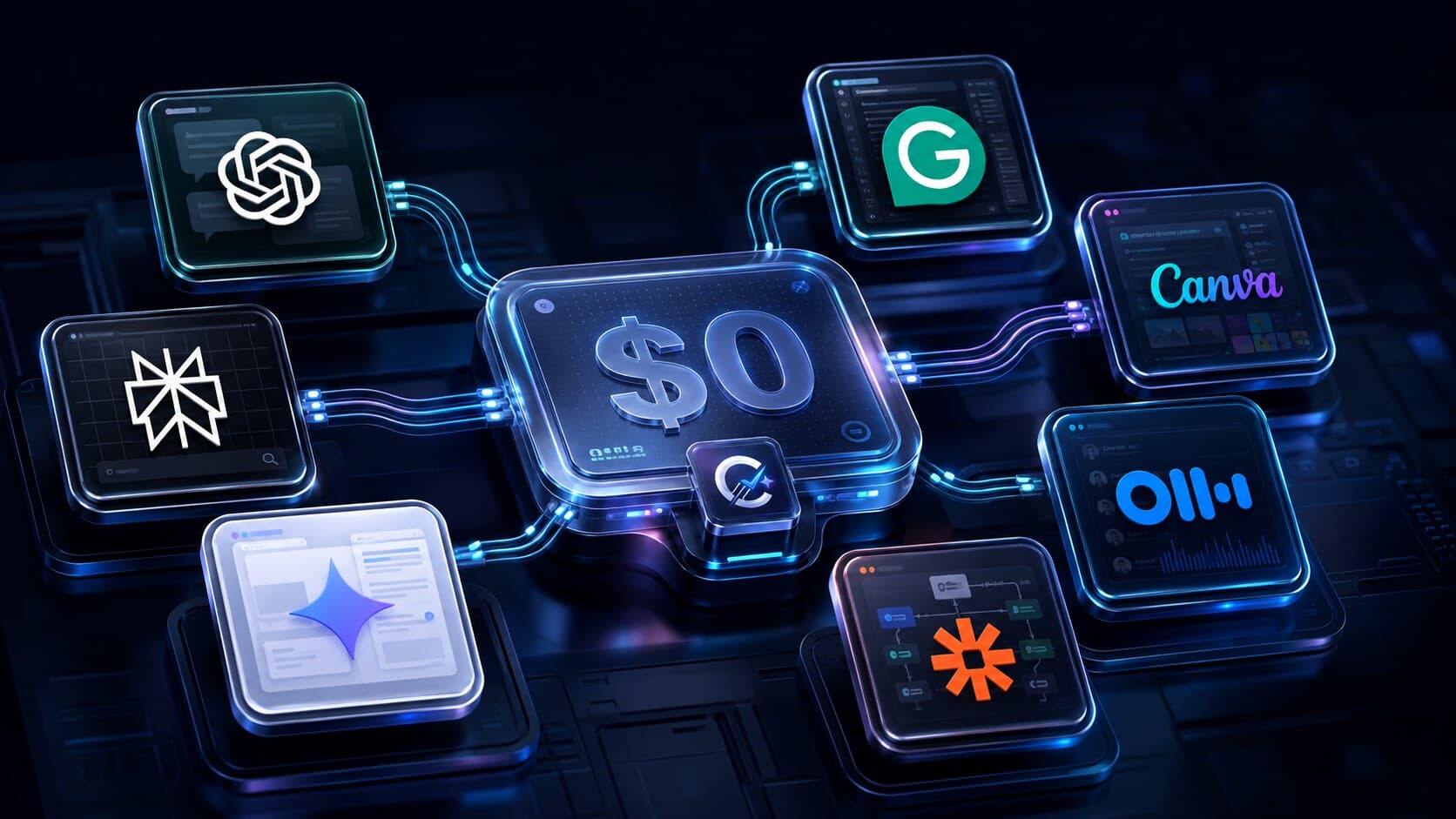Seven connected AI tool interfaces orbit a luminous zero-dollar work stack in a dark blue Choosely technology system.