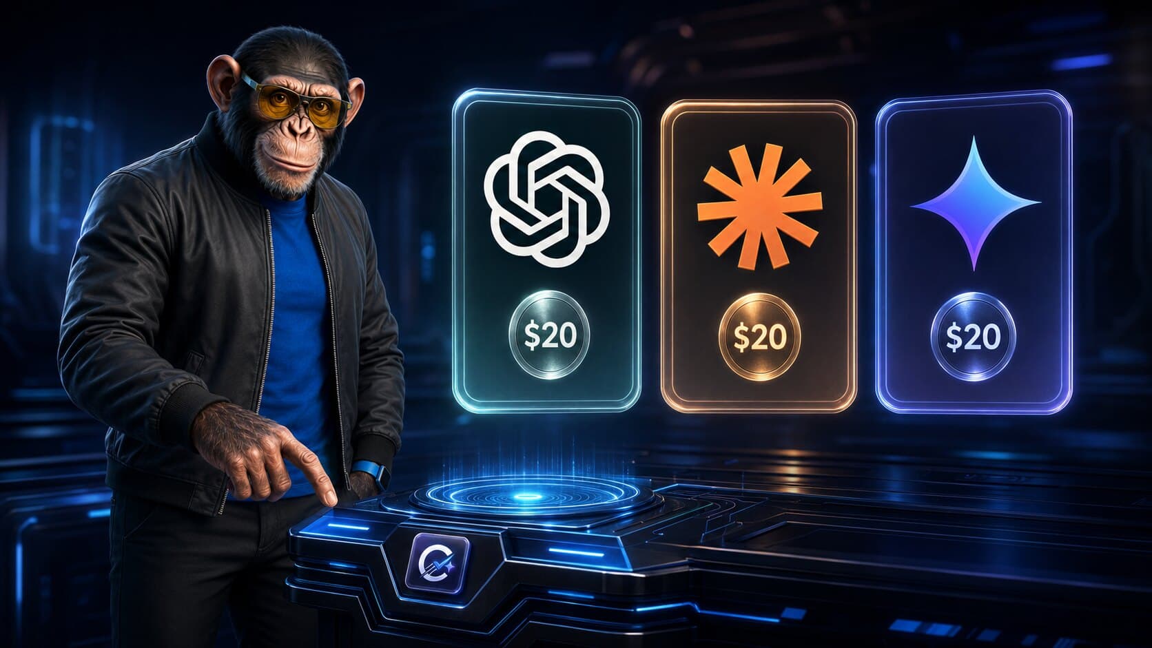 Choosely Chimp evaluates three glowing $20 subscription cards for ChatGPT, Claude, and Gemini in a dark blue decision chamber.