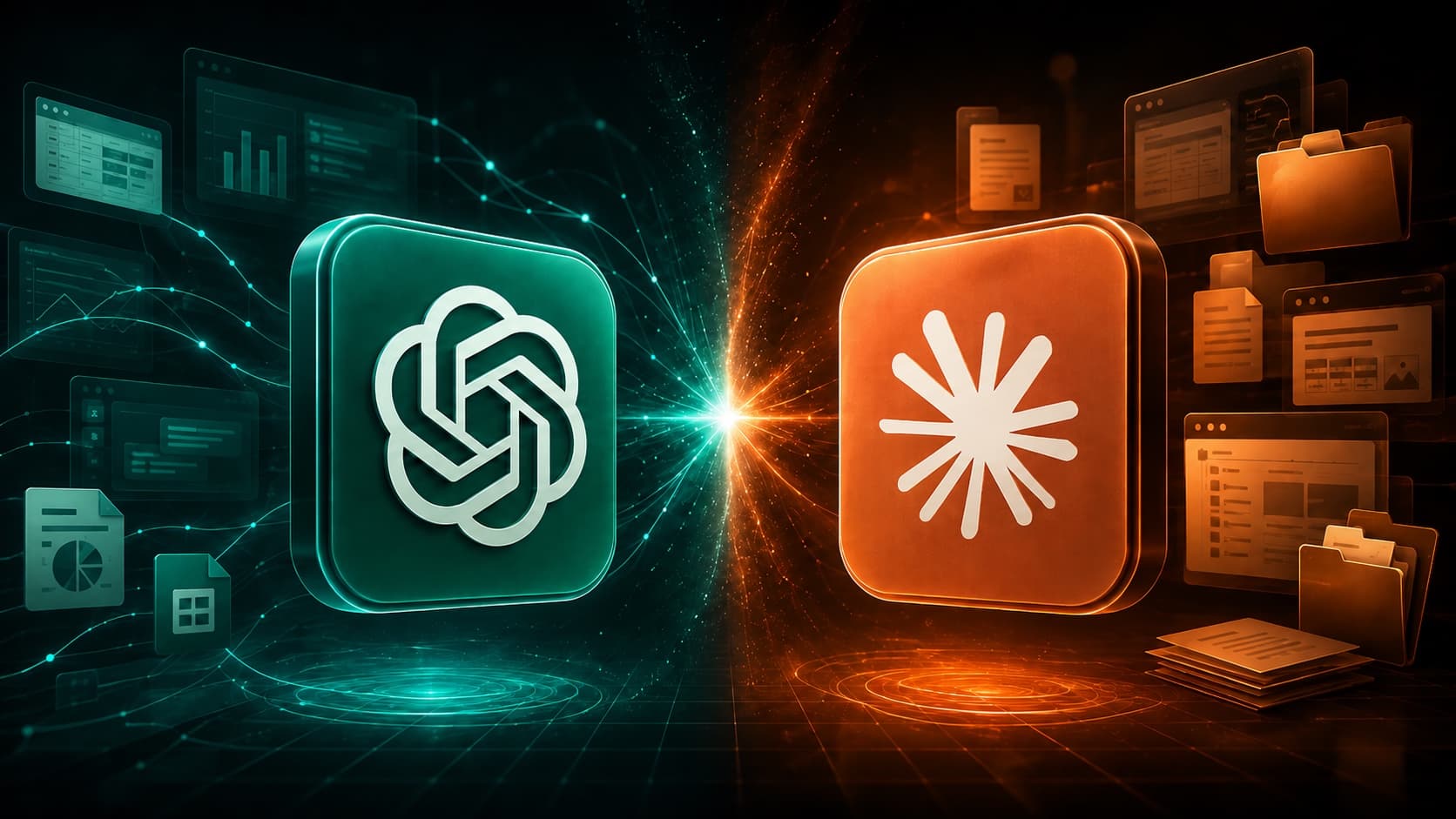 ChatGPT and Claude symbols facing each other across a glowing divide, surrounded by connected workspace tools, files and documents