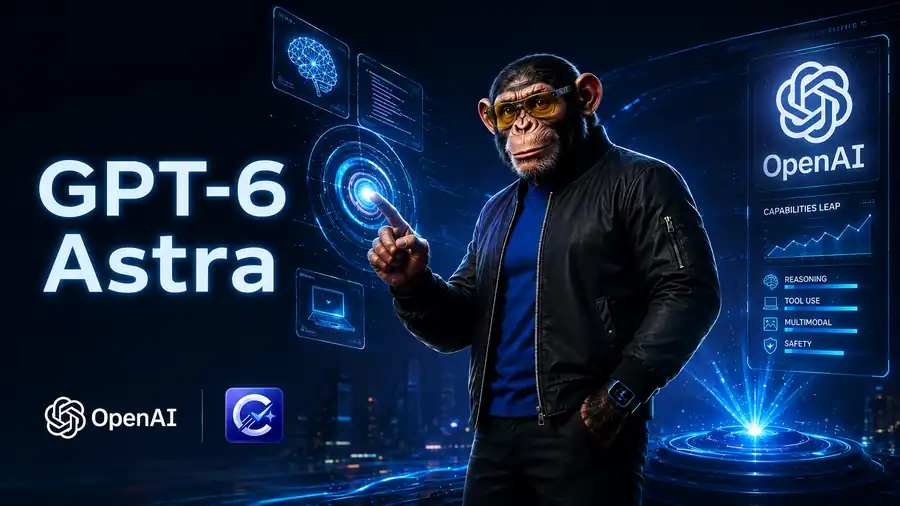 Choosely Chimp beside the OpenAI GPT-6 Astra interface in a cinematic blue AI environment.