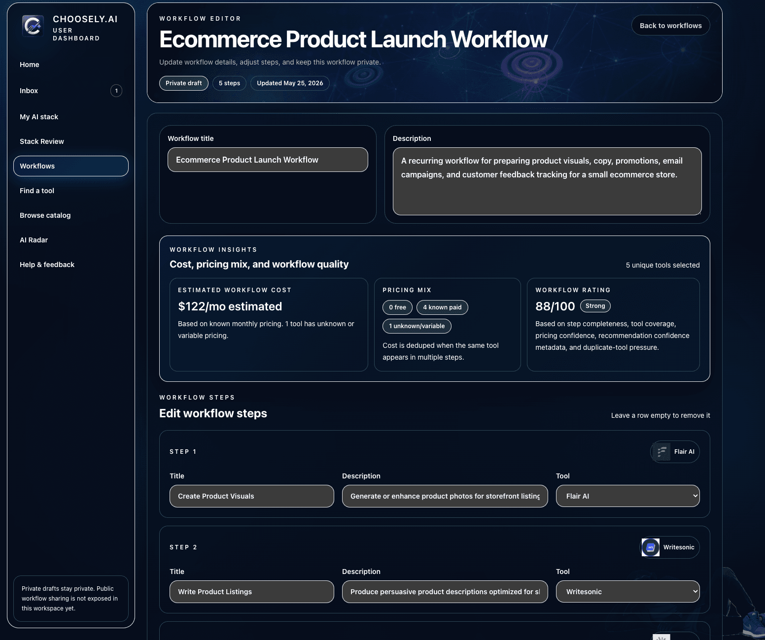 Choosely workflow editor showing a private draft workflow with editable steps and suggested tool matches.