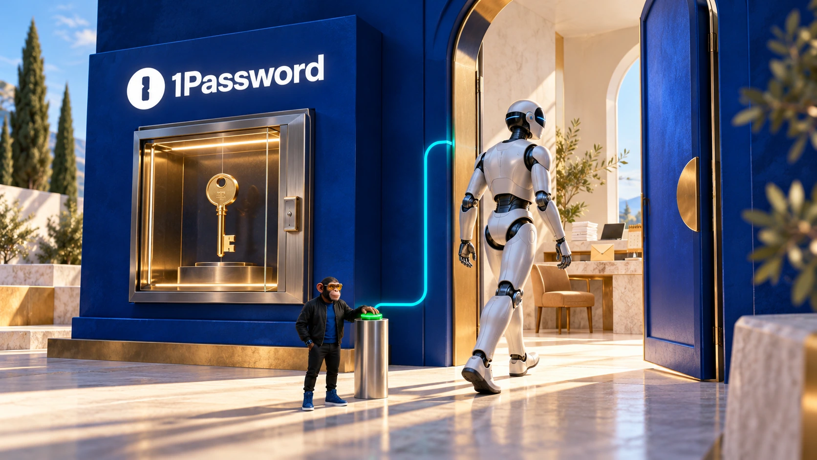 AI-generated editorial illustration of a robot entering a 1Password-branded doorway as Choosely Chimp approves access, while a gold key stays inside a glass case. A conceptual scene, not a product interface.