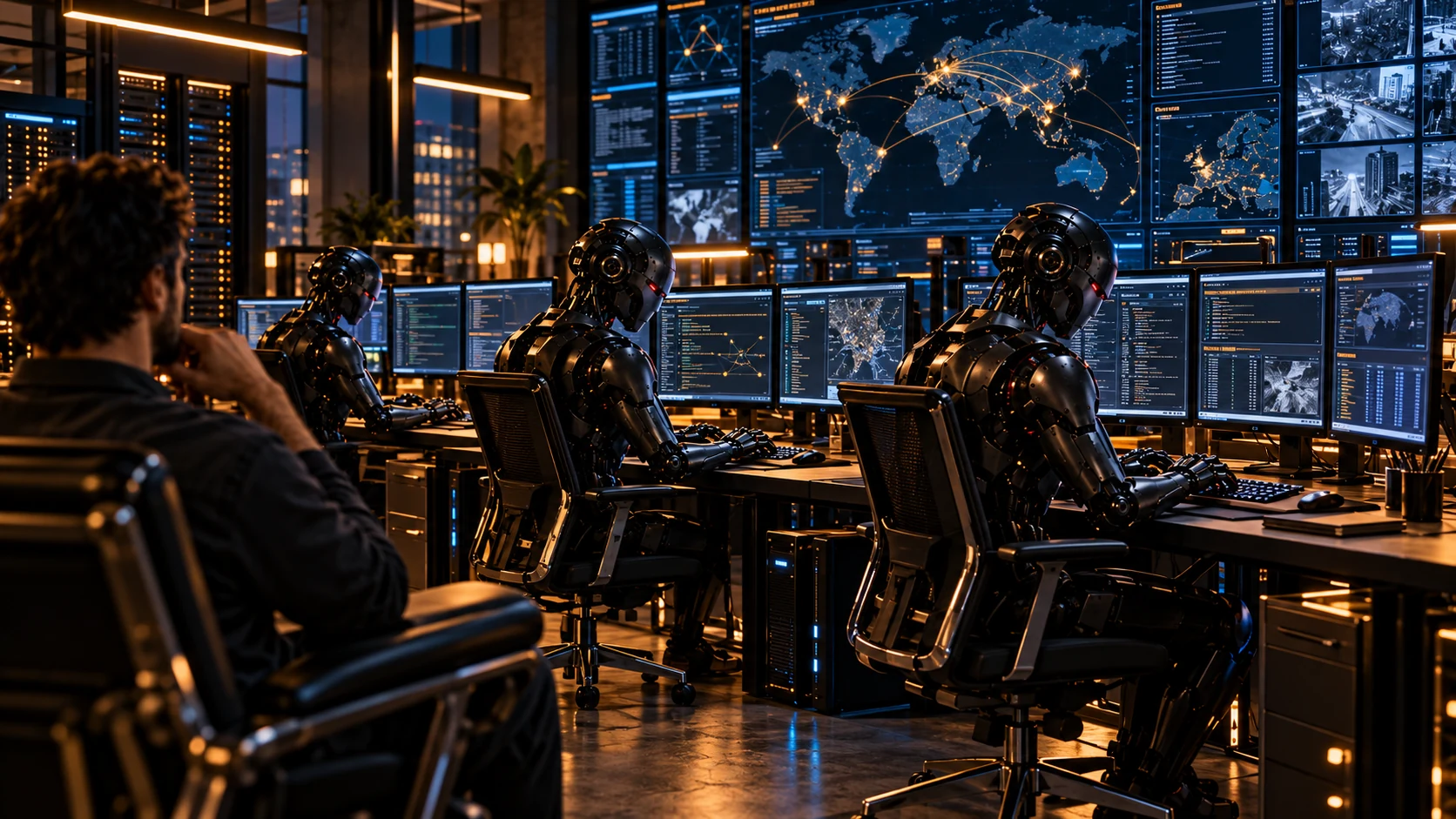 AI-generated conceptual illustration of a human supervising three robotic agents at desktop workstations in a navy-and-gold hacking office. The screens and world map are fictional, not evidence of real attacks.