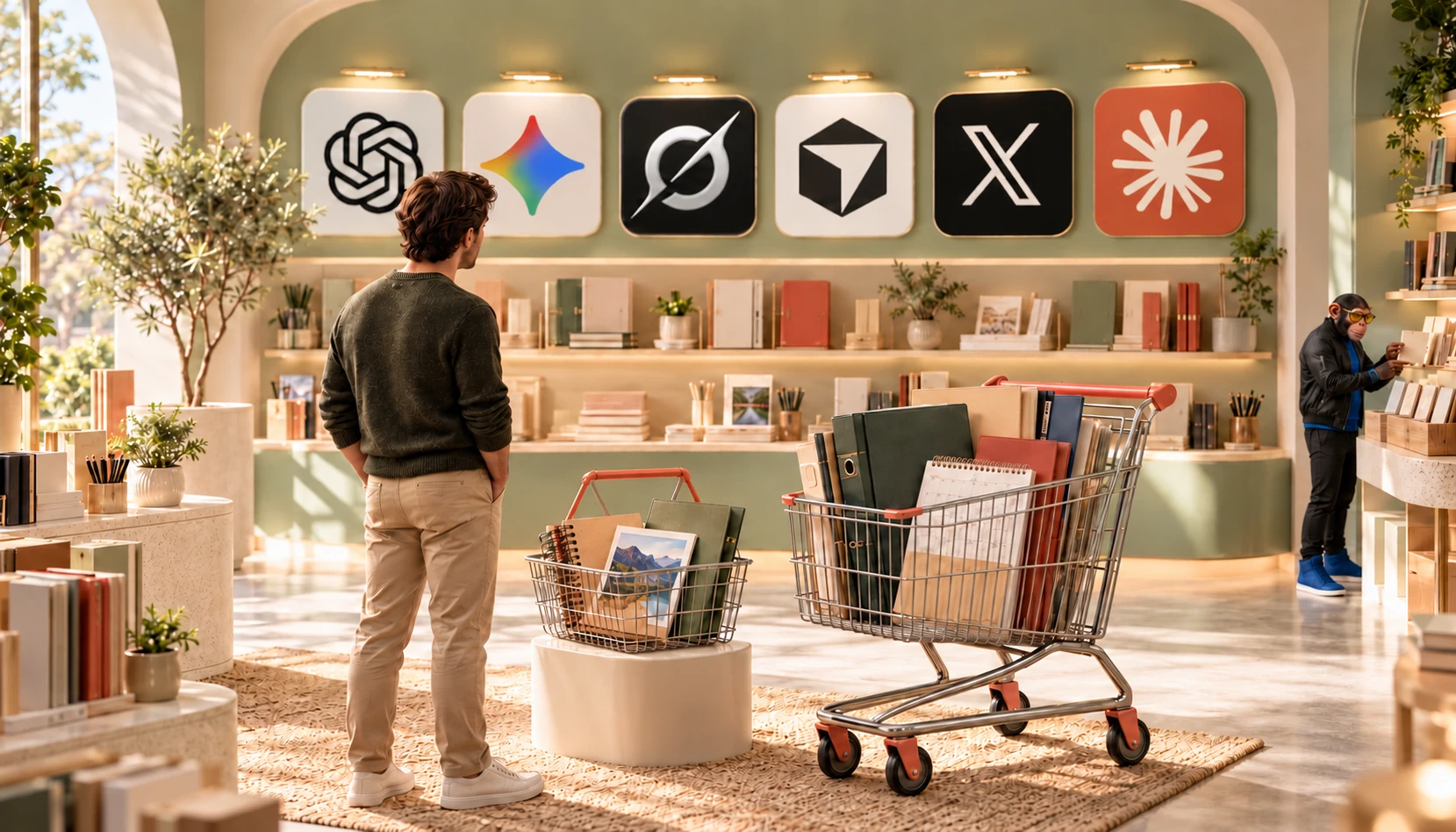 AI-generated editorial illustration of a shopper weighing a small basket against a larger cart beneath AI tool logos, with the Choosely Chimp nearby. A subscription-choice metaphor, not a real store.