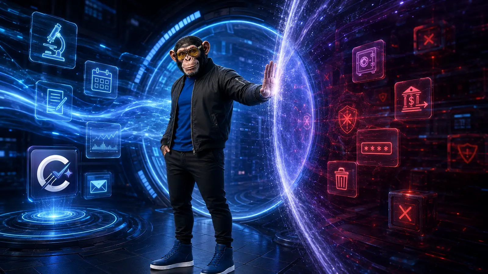 Choosely chimp controls a glowing permissions boundary between approved AI tasks and restricted financial, security and destructive actions.