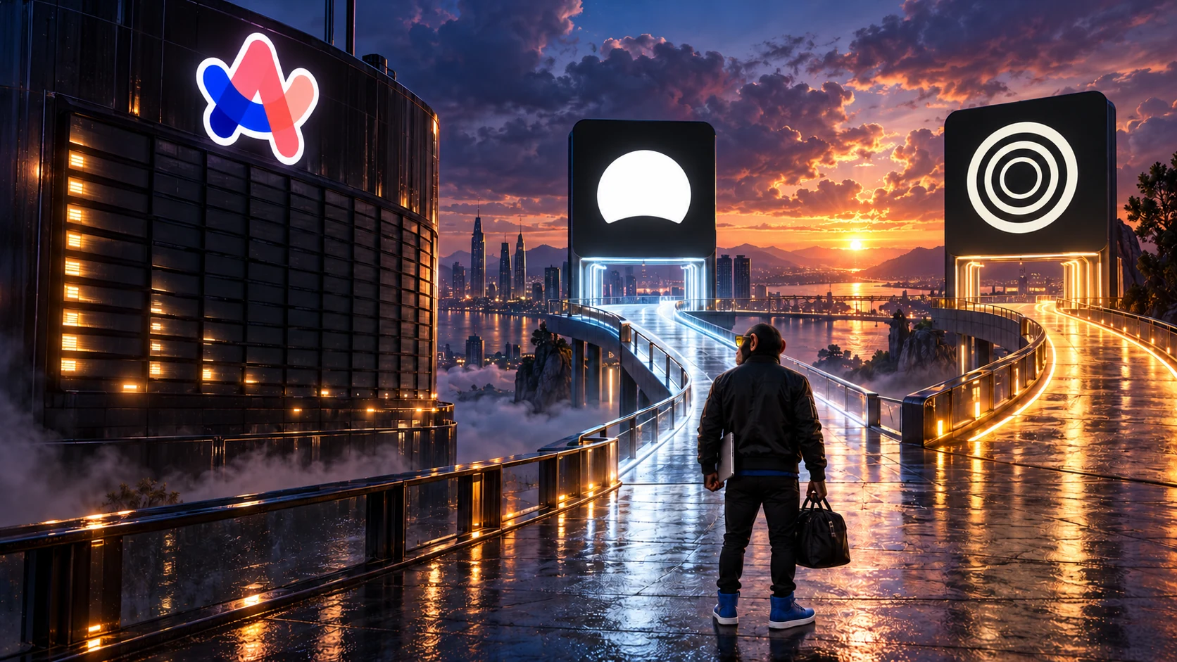 AI-generated editorial illustration of Choosely Chimp carrying a laptop and bag away from an Arc-branded building toward separate paths marked with Dia and Zen logos. A conceptual browser-switching scene, not a product interface.