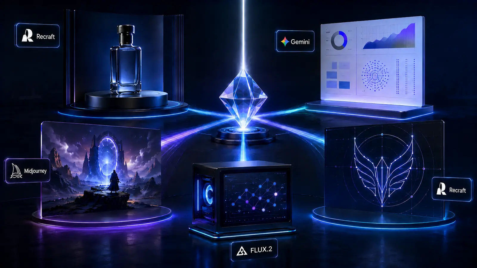 A luminous decision prism routes five AI image workflows into a product shot, infographic, cinematic artwork, local GPU setup and editable vector design.