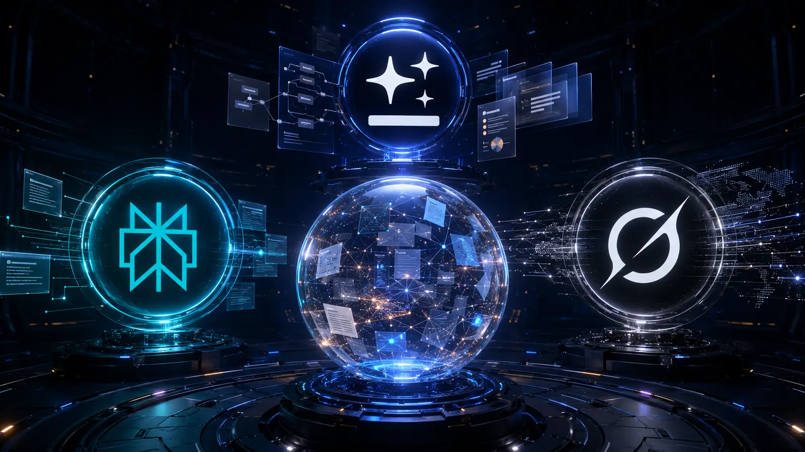 Genspark, Perplexity and Grok research systems feeding evidence into a central illuminated intelligence sphere