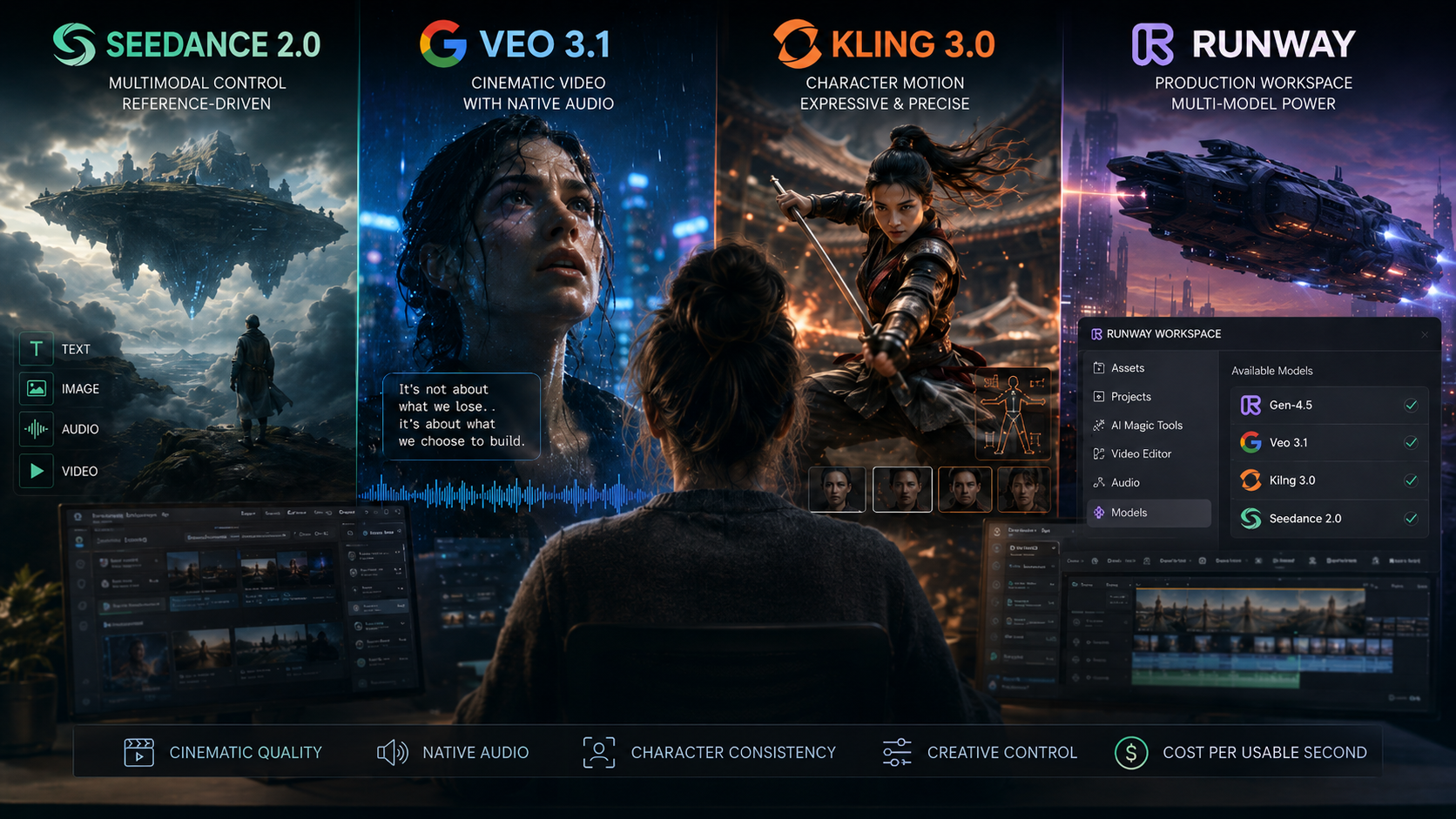 Editorial comparison of Seedance 2.5, Veo 3.1, Kling 3.0 and Runway Gen-4.5 across cinematic quality, native audio, character consistency, creative control and production workflow.