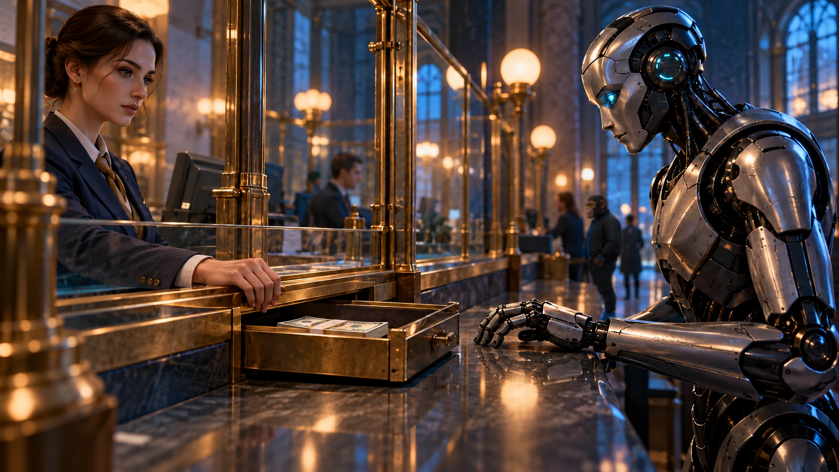 AI-generated editorial illustration of a bank employee controlling a cash drawer opposite a silver robot, with Choosely Chimp softly blurred at another counter in the background. A conceptual scene, not a real bank or incident.