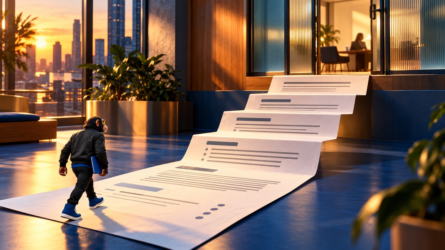 AI-generated editorial illustration of a resume unfolding into steps toward a glass interview room at sunset, with Choosely Chimp carrying a blue folder at the foot of the resume steps. A metaphor for preparing an application, not a depiction of a hiring system.