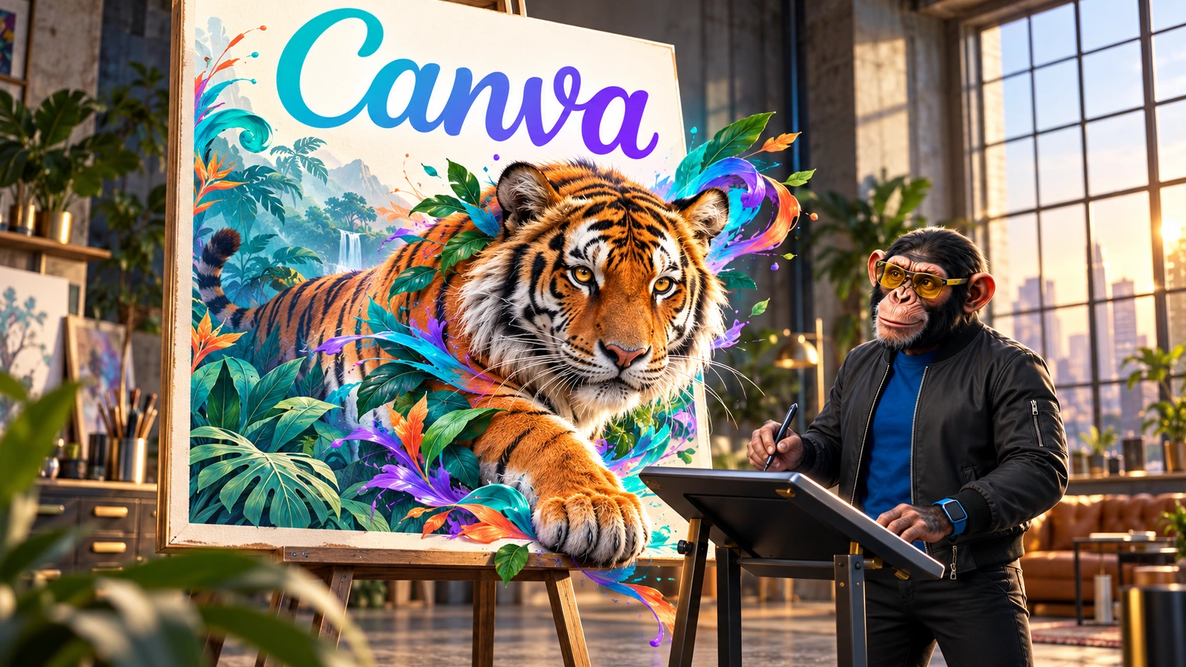 AI-generated editorial illustration of a tiger emerging from a colorful canvas bearing the Canva logo, with Choosely Chimp using a drawing tablet beside it. Conceptual artwork, not a Canva Craft output.