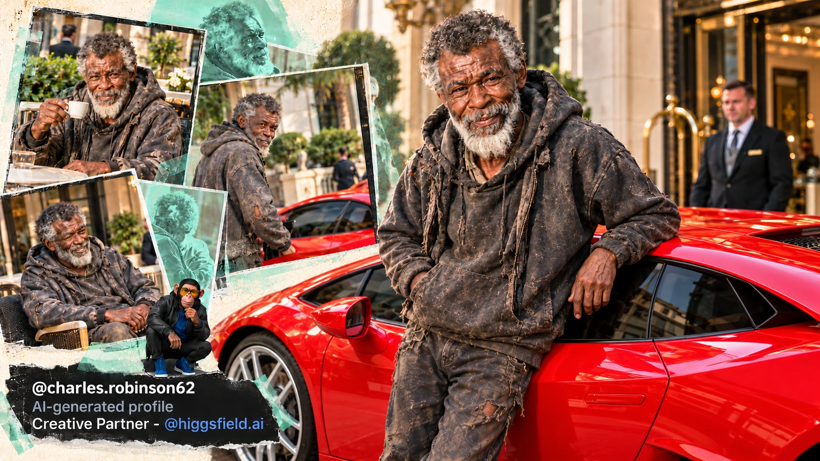 Conceptual editorial collage of AI character Charles Robinson62 leaning against a closed red sports car, with recurring character frames, his Instagram handle, Higgsfield profile credit and the Choosely Chimp.