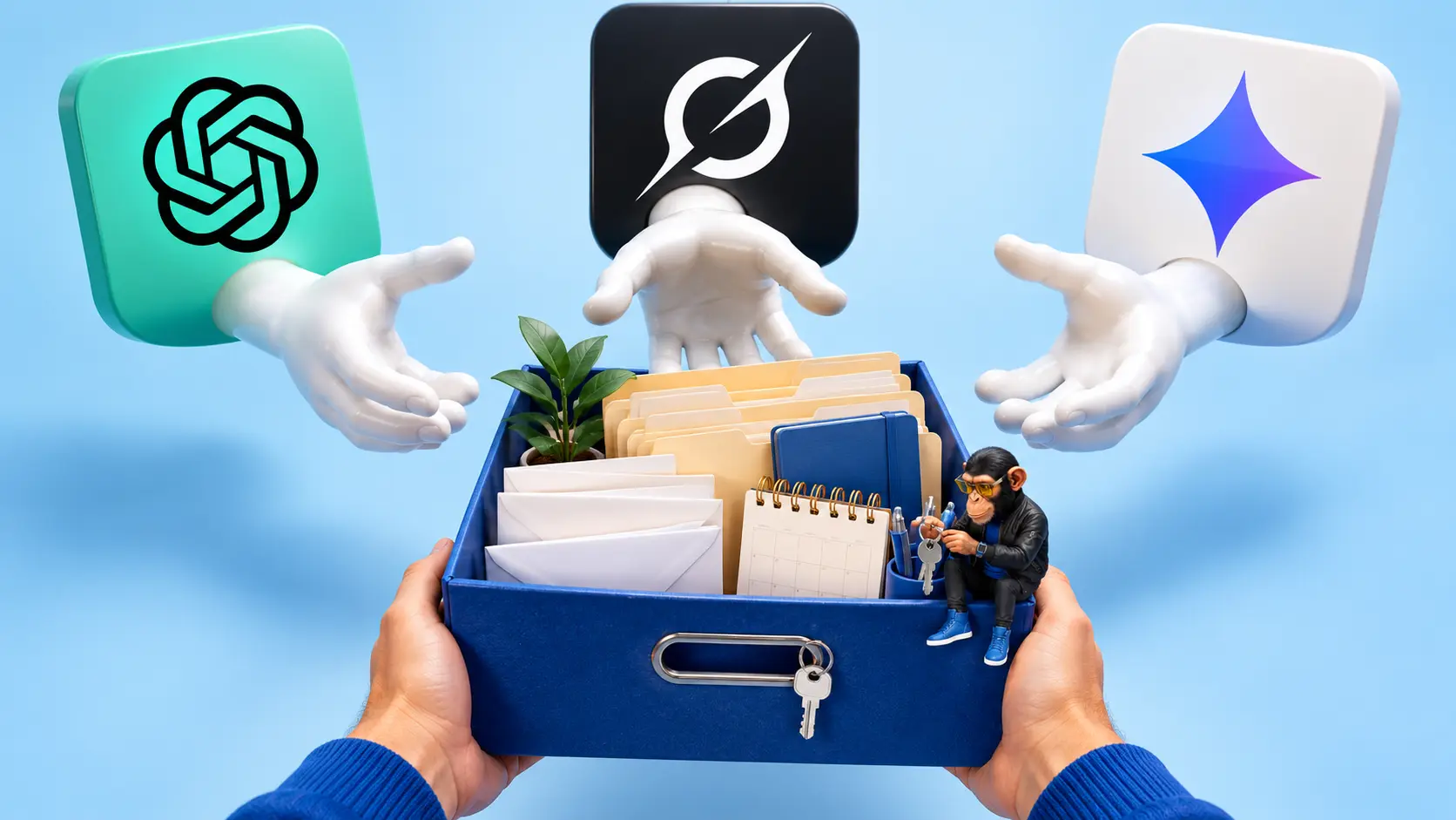 AI-generated editorial illustration of ChatGPT-, Grok- and Gemini-branded helping hands reaching toward a box of documents, envelopes and a calendar held by a person, with the Choosely Chimp holding keys. A delegation metaphor, not a product screenshot.