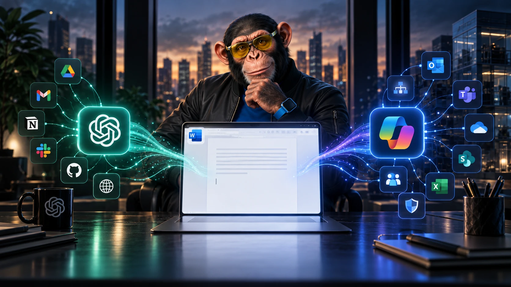 Choosely Chimp comparing ChatGPT for Word and Microsoft Copilot ecosystems around a Microsoft Word document