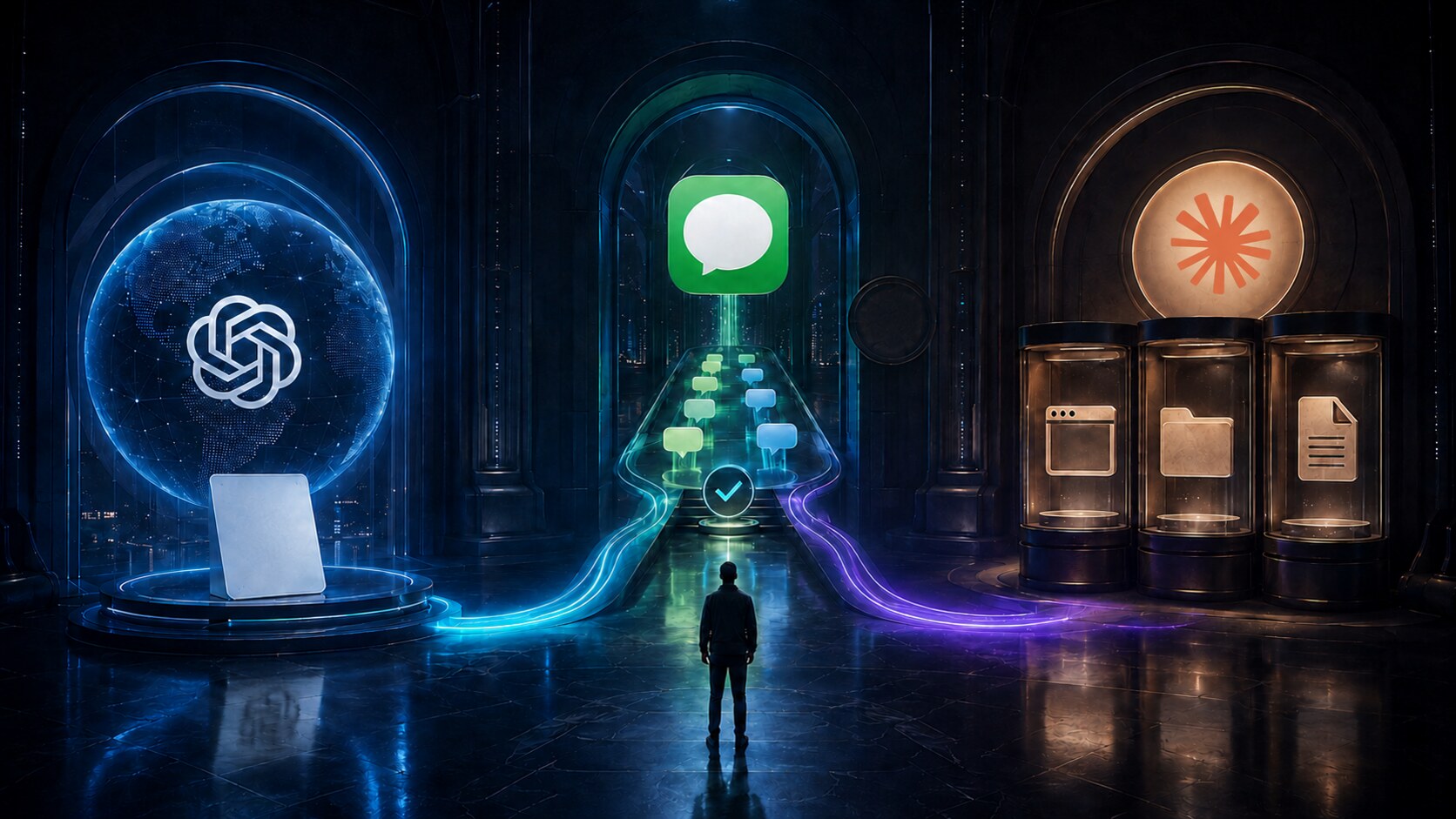 A person faces three connected AI workflow stations representing global ChatGPT Go access, Apple Messages with approval, and Claude browser, skill and file tools.