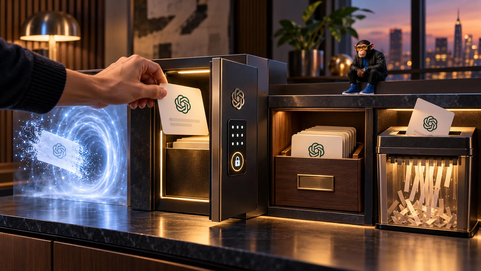 Editorial illustration of ChatGPT-branded conversation cards facing four destinations: a PIN-locked compartment, a temporary dissolving card, an archive drawer and a paper shredder, with a small Choosely Chimp cameo. Not a ChatGPT interface screenshot.