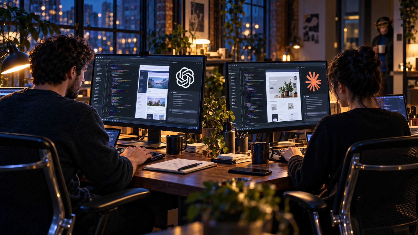 AI-generated editorial illustration of two software developers working at computers with ChatGPT and Claude assistant logos on their screens, while Choosely Chimp holds a coffee in the background. A conceptual scene, not a product screenshot or hands-on test.