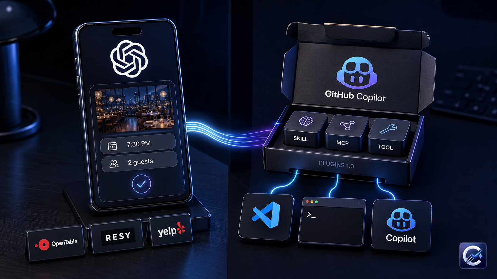 ChatGPT restaurant reservation cards and GitHub Agent Plugin packages sit on opposite sides of a dark Choosely editorial desk with the relevant product logos.