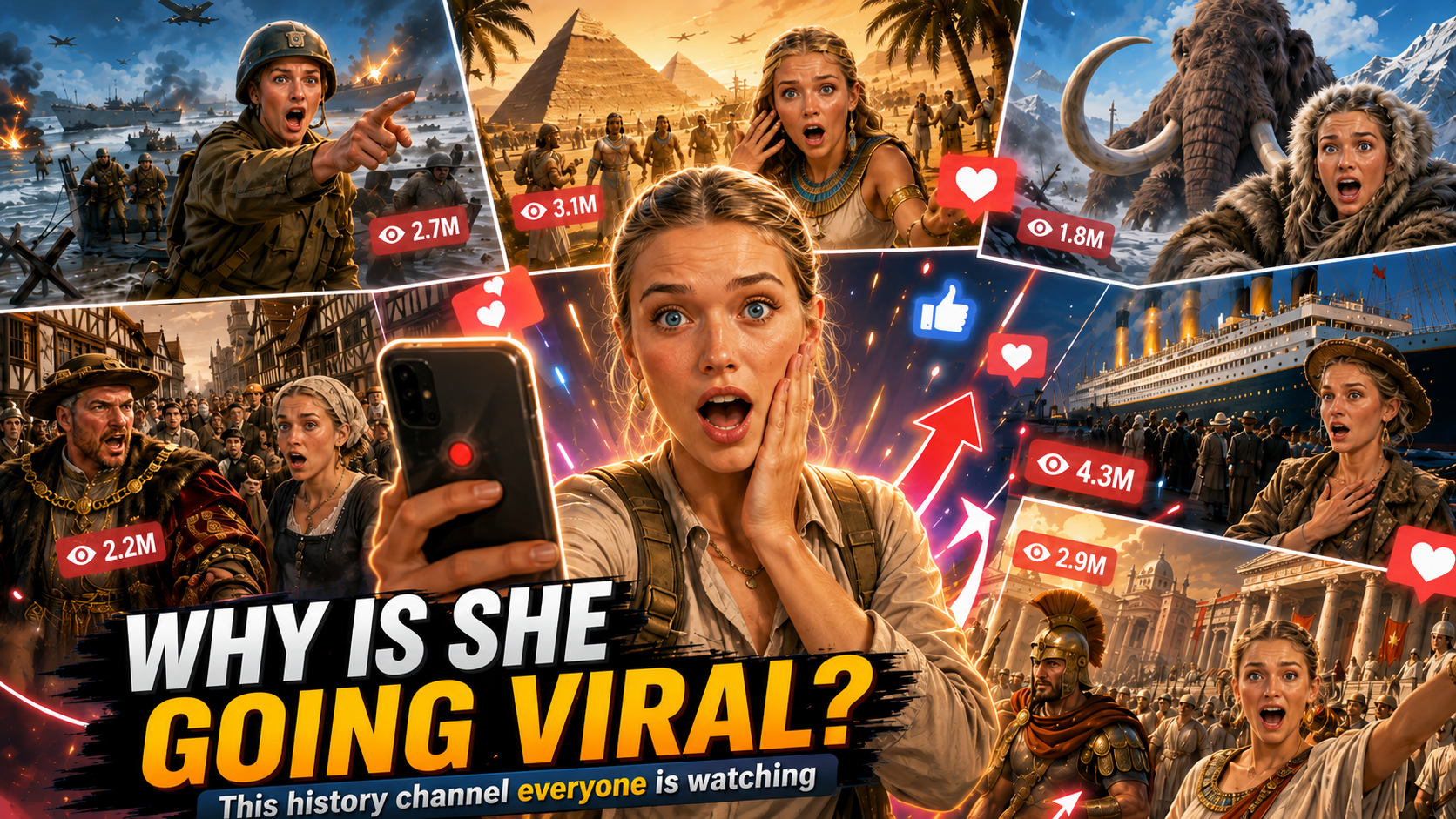 Illustrated collage of an AI history creator filming across Ancient Egypt, Tudor London, the Titanic, Ancient Rome, the Ice Age and the Second World War as her videos gain millions of views.