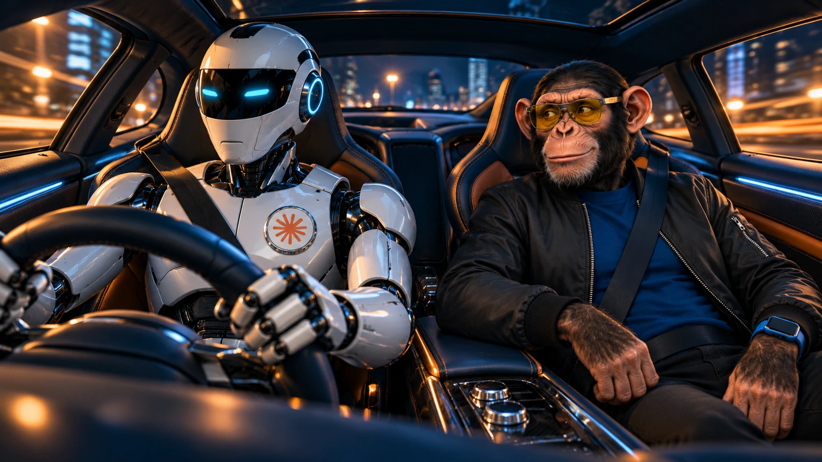 AI-generated editorial illustration of a silver robot wearing a Claude badge driving a luxury sports car while Choosely Chimp rides in the passenger seat. A metaphor for delegated control, not Claude driving software or a real test.