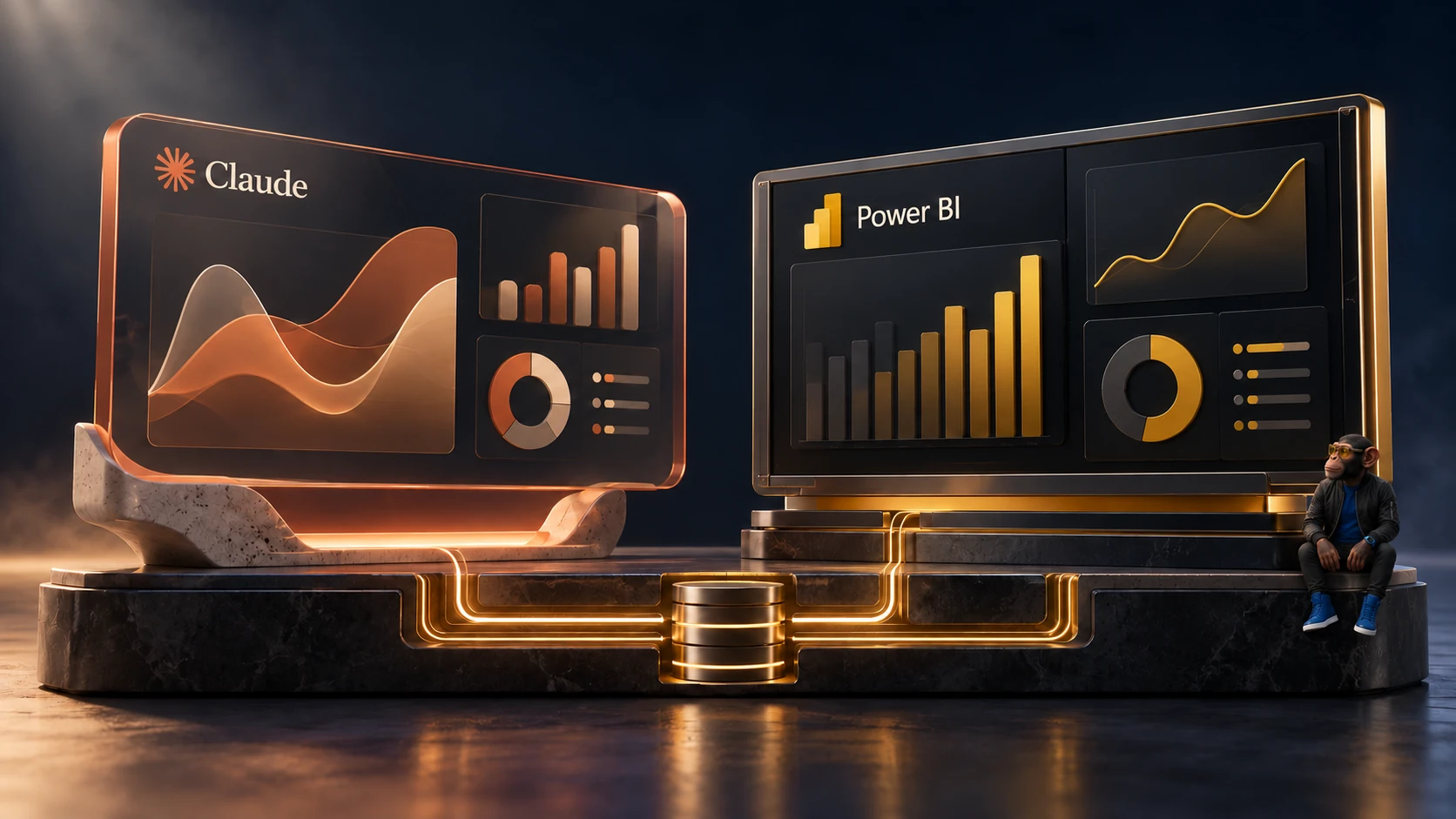 AI-generated editorial illustration of terracotta Claude and gold Power BI dashboard screens connected to a shared data foundation, with Choosely Chimp seated on the right. A conceptual comparison, not real product interfaces.
